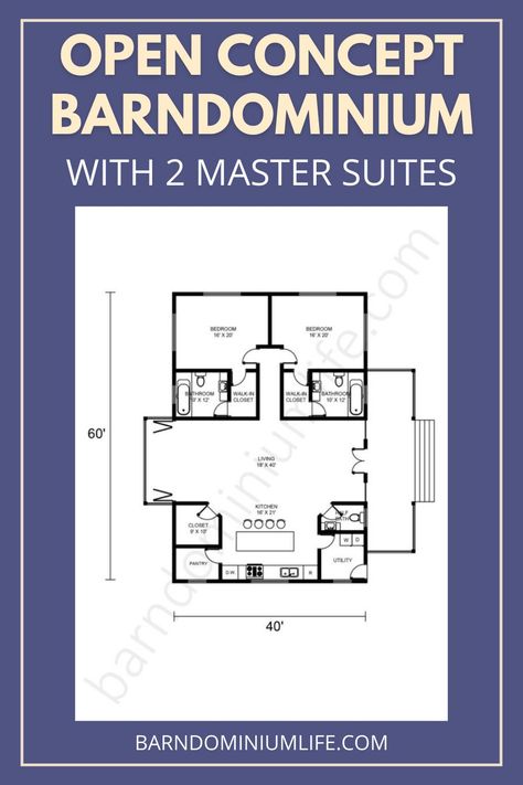 Here is a great open concept floor plan for a barndominium with 2 master suites! Having 2 master bedrooms can be a perfect living space depending on your particular needs. Maybe you have an elderly parent you take care of or a new baby. Whatever the case, 2 master bedrooms may be a great fit for you. #openconceptbarndominium #barndominiumfloorplans #barndo 2 Master Suite House Plans Small One Story, House Plans With Two Master Bedrooms, 2 Master Bedrooms House Plans, Two Master Bedrooms House Plans, 2 Master Suite House Plans One Story, 2 Bedroom Floor Plans Open Concept, 2 Master Suite House Plans, 2 Bedroom Barndominium Floor Plans, Farm Compound