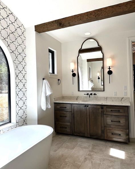 Star And Cross Bathroom Floor, White Star And Cross Tile, Star And Cross Tile Backsplash, Southwest Bathroom Ideas, Star Cross Tile, Modern Spanish Bathroom, Spanish Tile Bathroom, Southwest Bathroom, Red Tile Floor