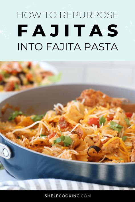 This flavor-packed Chicken Fajita Pasta will tickle your tastebuds without requiring hours of work! It's the perfect shelf cooking recipe to utilize leftovers and other pantry staples that you already have on hand. Recipe Using Leftover Chicken, Leftover Steak Recipes, Shelf Cooking, Fajita Pasta, Fajita Mix, Chicken Fajita Pasta, Beef Fajitas, Leftover Chicken Recipes, Chicken Fajita Recipe