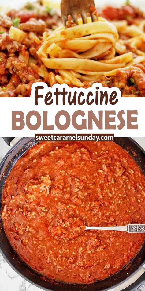 Fork being twirled in fettuccine bolognese with black pan of the same underneath. Text indicating 'fettuccine bolognese' between 2 images. Fettuccine With Meat Sauce, Beef Fettuccine, Fettuccine Bolognese, Cold Pasta Dishes, Ground Beef Pasta Recipes, Fettuccine Recipes, Rigatoni Recipes, Favorite Pasta Recipes, Creamy Pasta Recipes