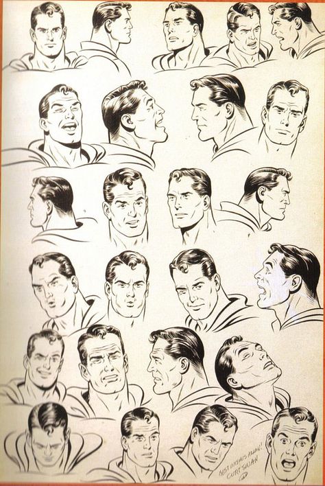 Superman facial expressions model sheet by Curt Swan Classic Comic Art, Fleischer Superman, Classic Superman, Swans Art, Superman Art, Univers Dc, 얼굴 그리기, Model Sheet, Bd Comics