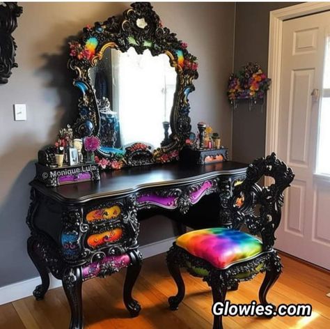 Gothic Furniture Makeover, Witchy Furniture Makeover, Cave Room Aesthetic, Funky Painted Chairs, Witch Furniture, Gothic Rainbow, Whimsy Goth Bedroom, Room Bedroom Ideas, Goth Room