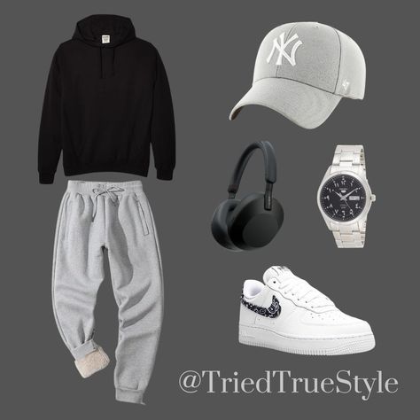 Air Force 1 Outfit Men Winter, Plane Trip Outfit, Sony Wh-1000xm5, Gray Sweatpants Outfit Men, Sports Wear Outfits, Winter Drip, Black Nike Air Force, Drippy Outfit, Black Suit Men