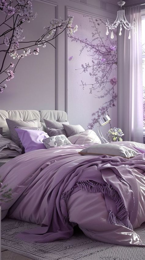 Luxury Purple Bedroom Design, Lavender Bedroom Design, Lavender Bedroom Ideas, White And Purple Bedroom, Purple Bedroom Ideas, Lavender Bedroom, Violet Room, Purple Furniture, Royal Bedroom