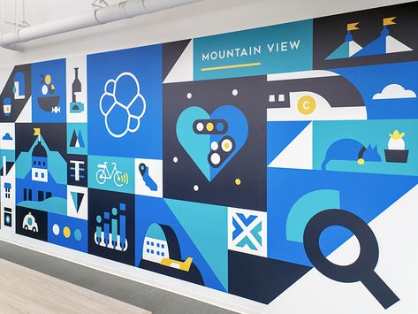 Office Mural - Mountain View by Christine Gan Restaurant Environmental Graphics, Office Walls Design, Office Wall Graphics Design, Office Wall Illustration, Office Mural Ideas, Retail Mural, Corporate Office Wall Graphics, Graphic Wall Design, Office Wall Branding