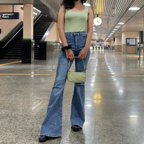 #outfit #flaredjeans #blackboots #greenfit Mint Green And Black Outfit, Green Black Outfit, Camisole Outfit, Baguette Bag, Flared Jeans, Black Outfit, Bell Bottom Jeans, Flare Jeans, Mint Green