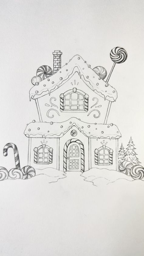 Sketch and Paint with me a Ginger Bread House. #art #artist #artistsoninstagram #artwork #painting🎨 #sketching #sketchprocess #artprocess… | Instagram Ginger Bread House Drawing Simple, Ginger Bread Houses Drawing, Drawing Ideas For Christmas Cards, Simple Christmas Cards Drawing, Ginger Bread House Paintings, Gingerbread House Watercolor Painting, Gingerbread House Images, Gingerbread Village Drawing, Gingerbread House Drawing Ideas