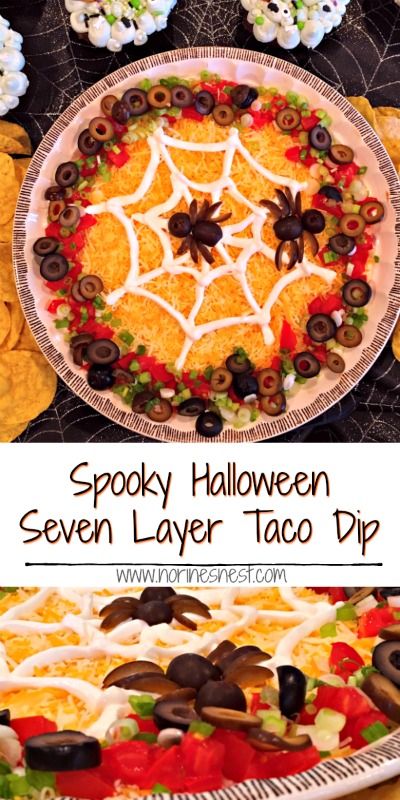 Traditional Seven Layer Dip with its bean dip, guacamole, sour cream, cheese, tomatoes, olives, and green onions are turned into a Spooky Halloween Seven Layer Taco Dip with spider web with olive spiders. Seven Layer Taco Dip, Halloween Taco Dip, Layer Taco Dip, Halloween Dip, Halloween Potluck, Layered Taco Dip, Halloween Party Appetizers, Seven Layer Dip, Layer Dip