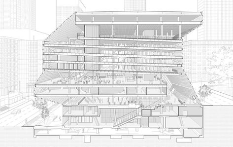 Manual of Section | VK Section Perspective Landscape, Landscape Section, Section Perspective, Perspective Landscape, Oma Architecture, Seattle Library, Seattle Central Library, Sectional Perspective, Presentation Architecture