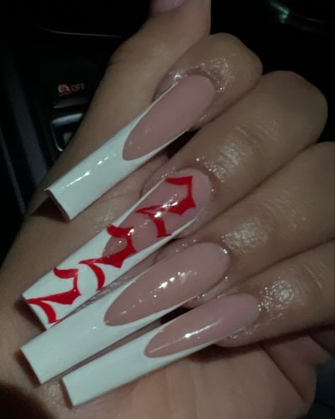 Extra long french Acrylic nails red 222 angel numbers on middle finger Acrylic Nails Design, Nail Polish Nails, Nails Tutorial, Red Acrylic Nails, Polish Nails, Drip Nails, French Tip Acrylic Nails, Glow Nails, Nails White