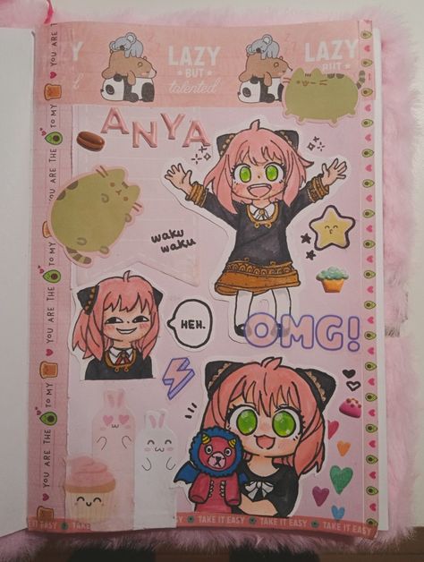 First Page Of Sketchbook Ideas Drawing, Sketchbook Ideas Anime, Anya Journal, Anya Drawing, Book Cover Art Diy, Funny Stick Figures, Creepy Cat, Anime Journal, Hello Kitty Crafts