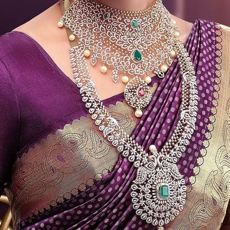 You Can Shop Iconic Diamond Jewellery Collections Here Desi Things, Jewelry Earings, Diamond Necklace Indian, Bridal Diamond Necklace, Diamond Jewelry Set, Purple Saree, Indian Bridal Jewelry Sets, Set Photo, Diamond Wedding Jewelry