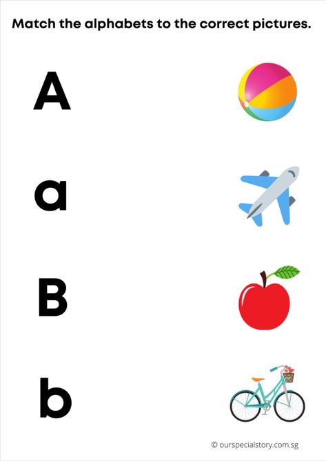 Match alphabets to pictures to practice phonics and pre-writing skills of drawing lines! Match Alphabets With Pictures, Matching Alphabets With Pictures, Alphabet Letters To Print, Letter Learning Activities, Abc Preschool, Kindergarten Word Families, Preschool Phonics, Letter Learning, Phonics Cards