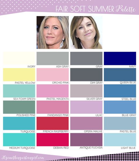 Best colors for Fair Soft Summer seasonal color women; Fair Soft Summer color palette Summer Pallet, Color Analysis Summer, Cool Summer Palette, Light Summer Color Palette, Soft Summer Palette, Soft Summer Color Palette, Soft Summer Colors, Summer Color Palette, Seasonal Color Analysis