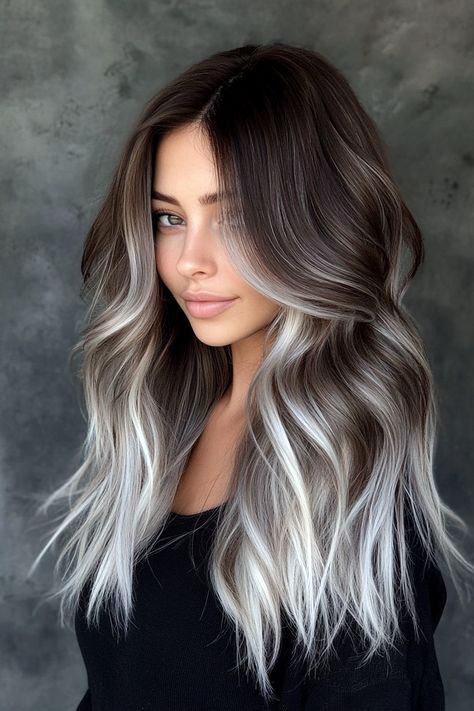 19 Stunning Dark Brown Hair Balayage Ideas to Try Now Hair Color Ideas For Brunettes Platinum, Ash Brown Color Melt, Pretty Balayage Hair, Blonde Balayage With Dark Underneath, Dark Hair Icy Blonde Highlights, Silver And Dark Brown Hair, Dark Roots With Blonde Balayage, Brown To Gray Balayage, Ashy Blonde With Dark Roots