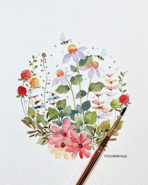 Sue Miano on Instagram: “Little garden. It is getting cold here and I am still not ready for winter :) . . . . . . #colorsbysue#watercolor_daily…” Paintings Of Gardens, Spring Flower Watercolor Painting, Wild Flower Watercolor Paintings, Watercolor Flower Garden, Winter Flowers Watercolor, Pretty Watercolor Paintings, Art Inspiration Watercolor, Flowers Watercolor Paintings, Flower Garden Watercolor