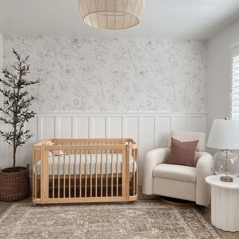 Gender Neutral Floral Nursery, Wren Nursery, Wallpaper On Bottom Half Of Wall, Nursery Ideas Simple, Whimsical Baby Nursery, Emma Nursery, Gender Neutral Nursery Wallpaper, Neutral Nursery Wallpaper, Whimsical Woodland Nursery