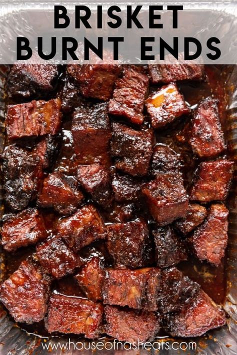 These delicious BBQ Brisket Burnt Ends are little flavor bombs with the perfect combination of smoky, salty, and sweet! Slowly smoked and braised in a tangy BBQ sauce, they work great as an appetizer for a dinner party with the sliced flat of the brisket as the main course, or as part of your BBQ table spread. | brisket burnt ends recipe | brisket burnt ends smoked | smoked burnt ends brisket Brisket Burnt Ends Smoked, Traeger Burnt Ends, Smoked Brisket Burnt Ends, Beef Burnt Ends In The Oven, Burnt Tips Recipe, Brisket Burnt Ends In The Oven, Burnt Ends Smoker, Leftover Brisket Ideas, Brisket Burnt Ends Recipe