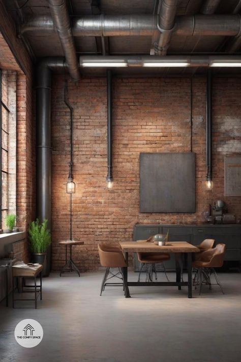 Stuck in a decor rut? Industrial style might just be your answer! With its raw edges and bold elements, it's a true standout. Think exposed brick and striking metal. Perfect for any room makeover. Our guide is packed with tips on furniture, lighting, and more. Let's turn your space into the industrial dream you've been craving. Ready to dive in? #IndustrialAesthetic #DecorGoals #InteriorInspiration #HomeMakeover #DesignDreams#IndustrialAesthetic #DecorGoals #InteriorInspiration #HomeMakeover #DesignDreams Red Brick Interior, Exposed Brick Interior, Industrial Minimalist Interior, Comfy Space, Industrial Chic Design, Modern Industrial Decor, Red Brick Wall, Industrial Apartment, Brick Interior