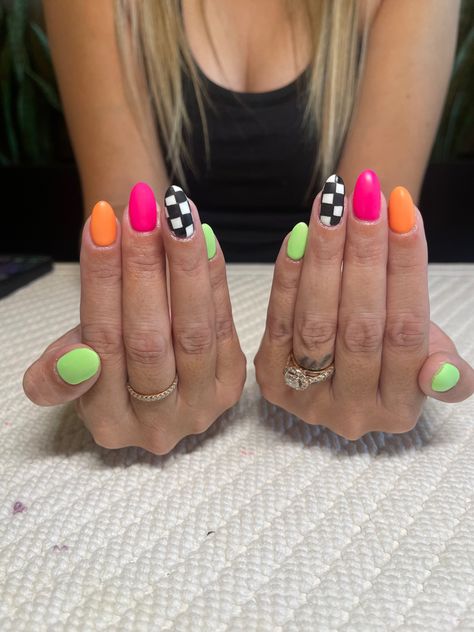 Almond Nail Birthday Designs, Squarish Nails, Fun Spring Nails Almond, What Color Nails Should I Get, Happy Face Nail Designs, Get X Nails, Easy Neon Nails, Nail Ideas Different Colors, Easy Beginner Nail Ideas