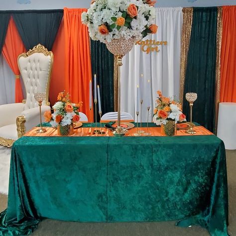 Chic Party Decor, Event Decor Ideas, Beaded Candle Holders, Sequin Curtains, Crystal Stand, Orange Curtains, Beaded Candle, Green Tablecloth, Orange Party