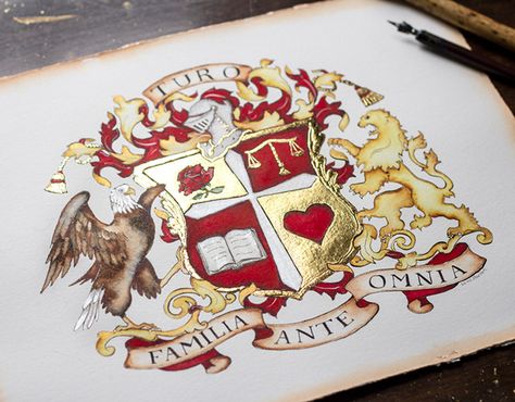 Hand painted family crests by Jamie Hansen Family Crest By Last Name, Family Crest Symbols, Medieval Magic, Art Nouveau Weddings, Arm Painting, Watercolor Monogram, Family Crests, Dream Mansion, Wedding Crest