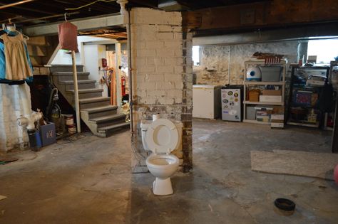 Love the open concept! Basement Toilet, Diy Radiator Cover, Basement Doors, Toilet Installation, Young House Love, Public Restroom, Simple Room, Unfinished Basement, Diy Renovation