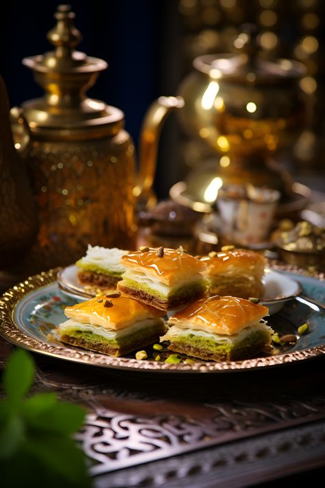 Immerse yourself in the world of Baklava. Each bite is a harmonious blend of textures and flavors. Picture yourself in a traditional Middle Eastern tea room with plush cushions, ornate brass lanterns, and colorful mosaic tiles—a tribute to Middle Eastern hospitality and the rich flavors of this beloved dessert. This is a journey your taste buds won't forget. 🍴🌼 #BaklavaDelight #MiddleEasternFlavors #Photography #Food #Dessert Middle Eastern Wedding Food, Middle Eastern Tea, Arabian Dessert, Turkish Bakery, East Dessert, Middle Eastern Wedding, Arab Food, Arabic Desserts, Middle Eastern Restaurant