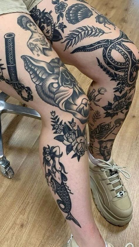 Large Calf Tattoo, Knee Injury Tattoo, Matching Shin Tattoos, Side Of Calf Tattoo, Women Leg Tattoos, Patchwork Leg Sleeve, Traditional Tattoo Knee, Leg Tattoo Design, 40 Tattoo