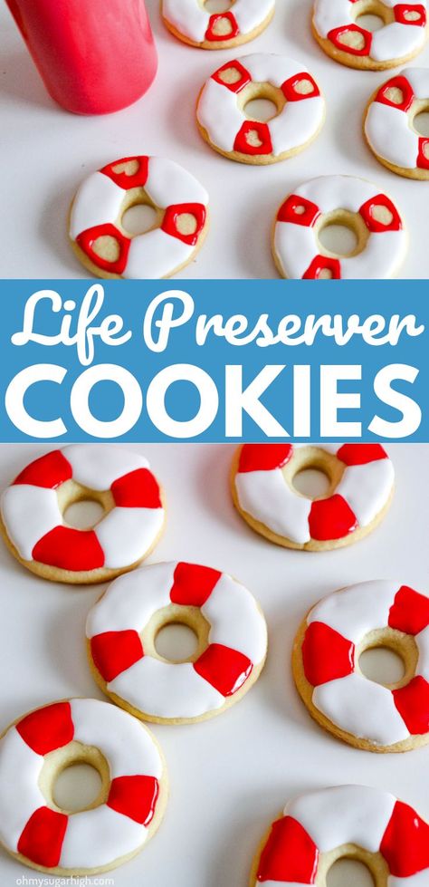 white round, donut shaped cookies with red stripes in royal icing to mimic a life preserver Shark Themed Birthday, Refrigerated Cookie Dough, Beach Cookies, Shark Cookies, Cookies With Royal Icing, Shark Themed Birthday Party, Royal Iced Cookies, Life Preserver, Sugar Cookie Recipe