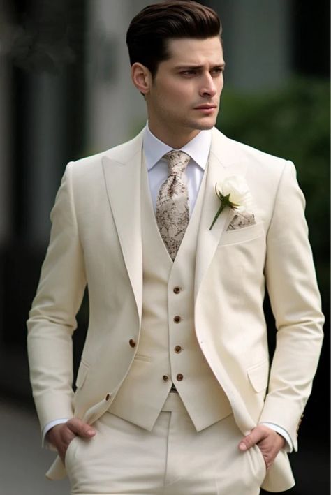 Cream Suits For Men, White Tuxedo Wedding, Mens White Suit, Purple Tuxedo, Groom Tuxedo Wedding, Formal Wedding Suit, White Wedding Suit, Grooms Suit, Men Fashion Photoshoot