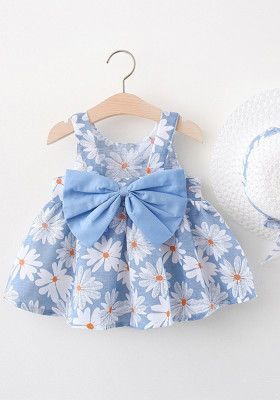 Summer Chrysanthemum Floral Big Bow Straw Hat Girl Baby Girl Full Chrysanthemum Print Dress Baby Girl Frock Designs, Cotton Frocks For Kids, Frocks For Babies, Frocks For Kids, Cotton Frocks, Kids Frocks Design