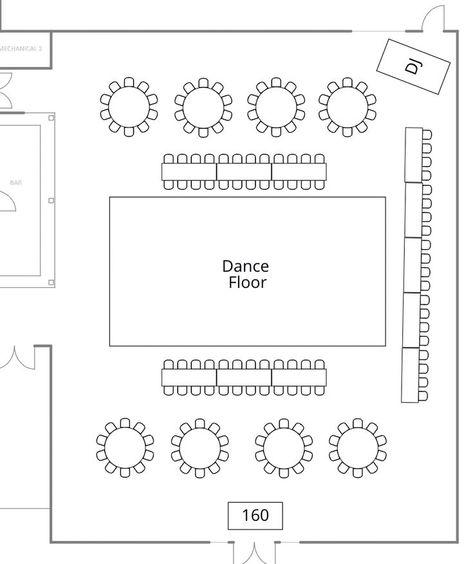 All of our floor plans are customizable to create the perfect space for your wedding reception! Here we have a beautiful center dance floor, lined with farmhouse tables! 20 Year Vow Renewal Ideas, Wedding Table Layouts Floor Plans, Seating Arrangements Wedding, 20 Year Vow Renewal, Event Venue Ideas, Wedding Reception Tables Layout, Wedding Floor Plan, My Business Plan, Wedding Table Layouts