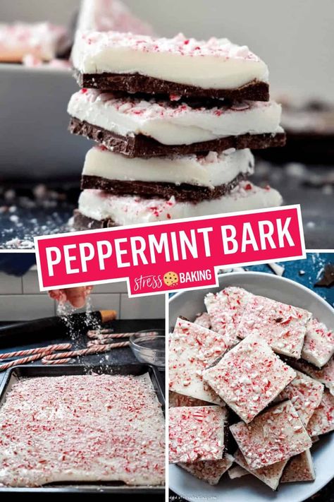 Don't spend money on the expensive Williams Sonoma Peppermint Bark - you only need 4 ingredients and 1 hour needed to make your own! Melted chocolate is flavored lightly with peppermint and topped with melted white chocolate and crushed candy canes for the quintessential holiday treat. | Easy Homemade Peppermint Bark | 4-Ingredient Peppermint Bark | stress baking recipes | stressbaking.com @stressbaking #stressbaking #holidays #christmas #peppermint Peppermint Bark Recipe, Homemade Peppermint Bark, Peppermint Bark Recipes, Christmas Bark, Chocolate Peppermint Bark, Christmas Peppermint, Bark Recipe, Peppermint Bark, Baked Chips