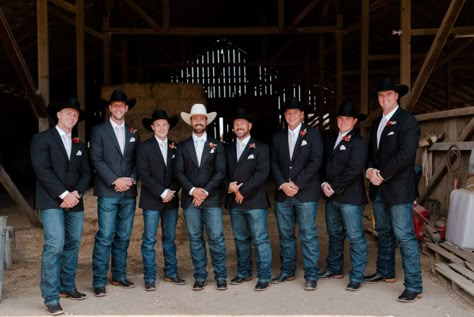 Country Style Wedding Mens Attire, Cowboy Wedding Groomsmen, Groomsmen Attire Cowboy, Jeans At Wedding, Groomsmen Country Attire, Jean Wedding, Cowboy Groomsmen Attire, Groom Country Wedding Attire, Black Bridesmaid Dresses With Groomsmen In Jeans