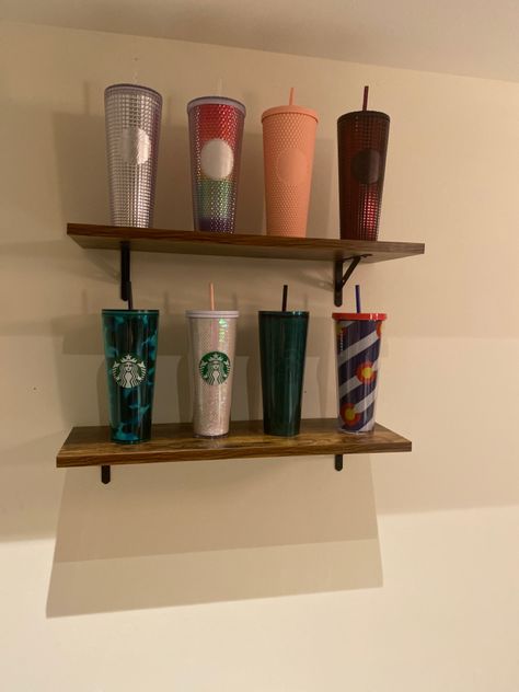 Collecting my tumblers, cups, mugs & more. Needing a space to display them all, equals a Starbucks wall. ( not finished. ) Shelves For Starbucks Cups, Display Starbucks Tumblers, Starbucks Cups Collection Display, Tumbler Shelf Display, Starbucks Collection Display, Starbucks Cup Storage Ideas, Starbucks Tumbler Collection Display, Starbucks Cup Display, Starbucks Cup Organization