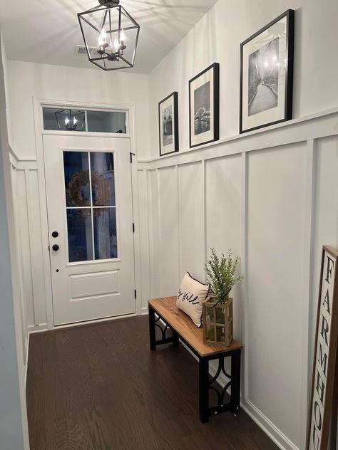 Front Entrance Wainscoting, Board And Batten Entry Hall, Waynes Coating Hallway, Accent Wall For Entryway, Entry Way Waynes Coating, Paneling In Entry Way, Entryway Panel Wall, Entryway Wainscoting, Entry Way Molding Entryway