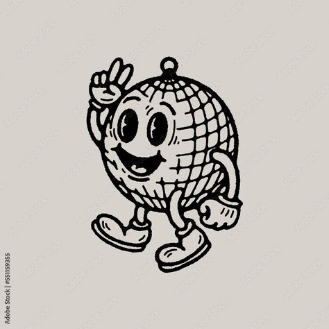 Disco Ball Character, Vintage Disco Poster, Disco Ball Illustration Graphic Design, Retro Mascot Illustration, Vintage Character Illustration, Disco Ball Logo, Disco Ball Cartoon, Ball Character Design, Cartoon Disco Ball