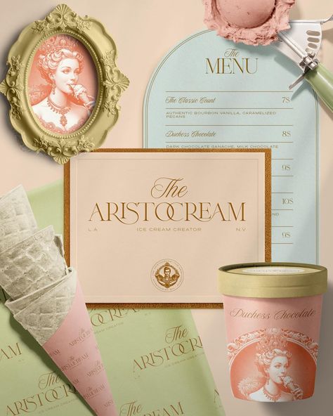 Brand Aesthetic Inspiration, Dreamy Branding, Dessert Branding, Vintage Branding Design, Elegant Packaging Design, Romantic Branding, Ice Cream Branding, Bakery Branding Design, Brand Mood Board