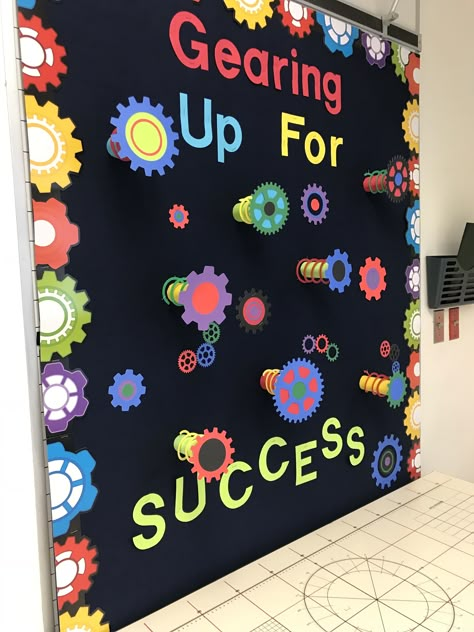 3D bulletin board “Gearing up for Success” using toilet paper rolls and slinkies Stem Board Ideas, Engineering Board Ideas, Steam Board Ideas, Stem Bulletin Board Ideas Preschool, Stem Bulletin Board Ideas, Steam Bulletin Board Ideas Preschool, Stem Themed Bulletin Boards, Robotics Bulletin Board Ideas, Engineering Bulletin Board Ideas