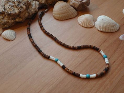 Mens surfer choker necklace beaded with coconut beads, white shell, turquoise beads Male Necklace, Necklaces Men, Men Necklaces, Surf Necklace, Sell Jewelry, Man Jewelry, Mens Beaded Necklaces, Diamond Locket, Indian Designs