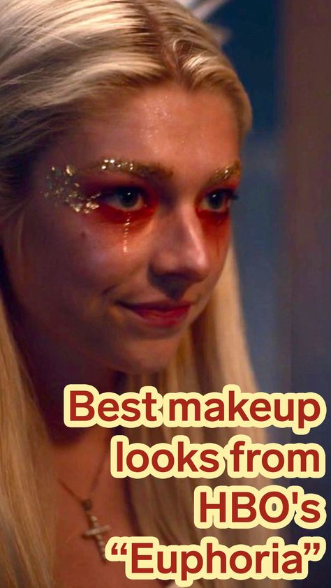 Party Makeup Colorful, Eye Makeup Euphoria Inspired, Euphoria Themed Makeup Glitter, Euphoria Themed Makeup Maddy, Euphoria Makeup Red, Easy Glitter Makeup, Euphoria Makeup Halloween, Red Euphoria Makeup, Simple Euphoria Makeup