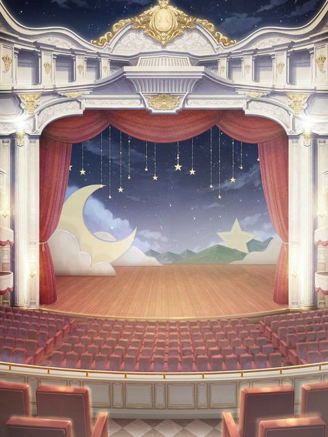 Theater Drawing Ideas, Theatre Stage Drawing, Theater Stage Drawing, Primrose Academy, Sundrop Moondrop, Theatre Backdrops, Graphic Shapes Design, Desain Buklet, Murals For Kids