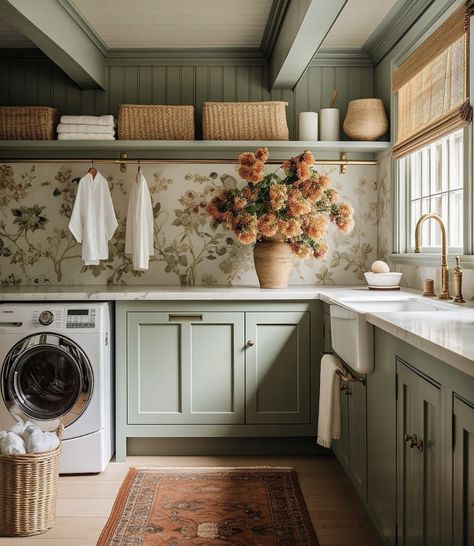 Sage Green Laundry Room Ideas, Country Cottage Laundry Room, Vintage Style Laundry Room, Sage Laundry Room, Sage Interior Design, Laundry Room Color, Notebook House, Green Laundry, Dream Laundry Room