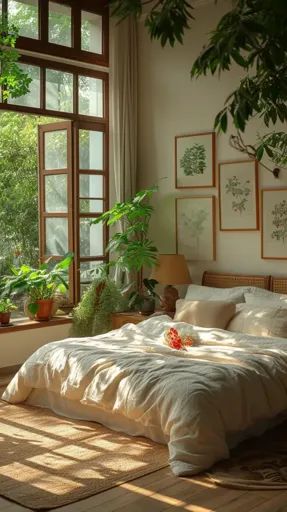 ↑↑↑ Larger size on website 🔸 A large bed with white linens sits in a sunlit room, positioned near a window with lush greenery out 🔸 From Midjourney AI Image Sunlit Room, Casting Shadows, White Linens, Large Bed, Large Beds, Bedroom Plants, Botanical Decor, Framed Botanicals, Lush Greenery