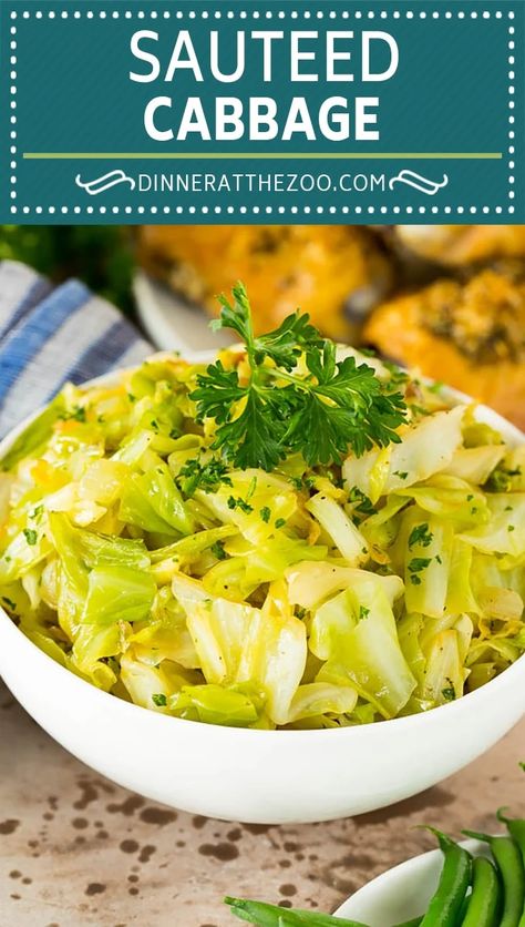 This sauteed cabbage is coarsely chopped green cabbage cooked with butter, onions, garlic and fresh herbs. An easy and inexpensive side dish that pairs well with chicken, steak and pork. Cabbage Cooked, Sautéed Cabbage, Easy Cabbage Recipes, Buttered Cabbage, Pantry Meals, Sauteed Cabbage, Cabbage Roll Soup, Sauteed Greens, Roasted Cabbage