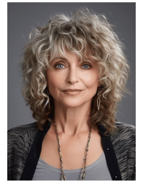 Med Length Wavy Hairstyles, Perms For Medium Length Hair With Bangs, Hair Cut For 50 Year Old Women Over 50 Curly, Curly Stacked Bobs Medium, Layered Shag With Fringe Curly, Medium Length Curly Grey Hair, Choppy Layers For Curly Hair, Shaggy Bob Hairstyles Curly Hair, Curly Hair Makeover