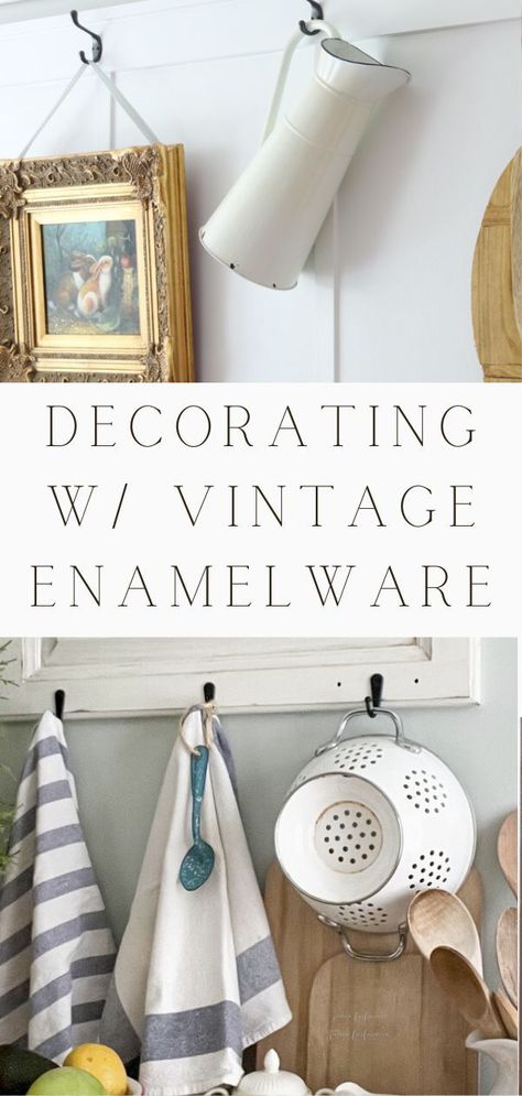 Decorating With Vintage Enamelware, Vintage Colander Ideas, Enamelware Decor Ideas, Decorating With Enamelware, Colander Decor, Vintage Enamelware Decor, Colander Ideas, Antique Enamelware, Above Cabinet Decor