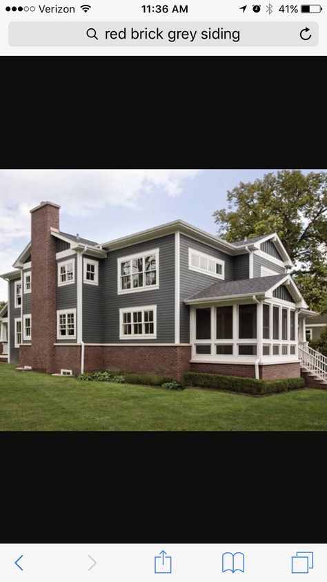 Red brick, grey siding, white trim, but of course with black accents- shutters, wrought iron etc Grey House White Trim, Brick Farmhouse Exterior, Craftsman Home Exterior, Red Brick House Exterior, Red Brick Exteriors, Outside House Colors, Grey Siding, White Shutters, White Exterior Houses