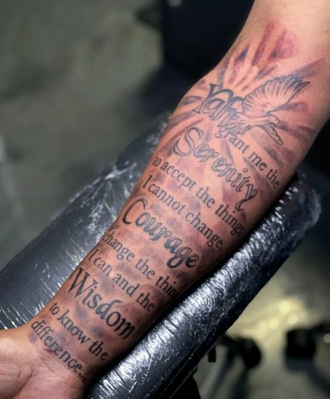 God Grant Me The Serenity Tattoo Forearm, Scripture Tattoos For Men Forearm, Back Of Forearm Tattoo Men, Inside Forearm Tattoo Men Sleeve, Forearm Tattoo Men Sleeve Clouds, Bible Verse Tattoos For Men, Rib Tats, Cloud Tattoo Sleeve, Blessed Tattoos